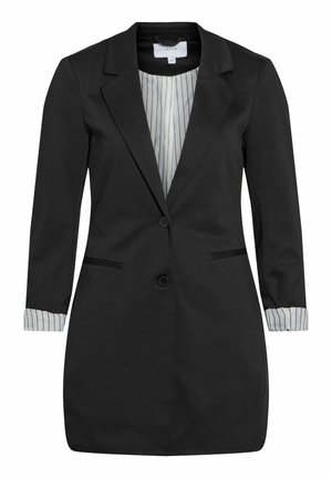 Longue veste noire avec revers crantés, deux boutons, poches passepoilées, et doublure rayée visible aux poignets et à l'intérieur du col.