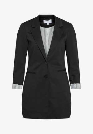 Longue veste noire avec revers crantés, deux boutons, poches passepoilées, et doublure rayée visible aux poignets et à l'intérieur du col.