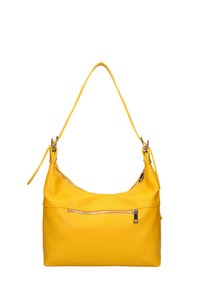 Gele leren handtas met een enkele schouderband, gematteerde afwerking, rits bovenaan en een externe ritszak. Glad, modern ontwerp.