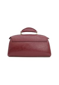 Borsa a mano in pelle bordeaux con forma strutturata, manico superiore e dettagli in metallo dorato, su sfondo bianco.
