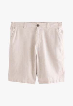 Beige herre afslappede shorts med frontknap, bæltestropper, sidelommer og elastiske sektioner i taljen.