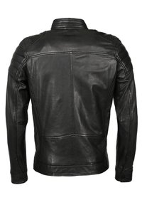 Schwarze Lederjacke mit taillierter Passform. Verfügt über gesteppten Schultern und einen hohen Kragen. Glatte Textur, sichtbare Nähte und keine Verzierungen.