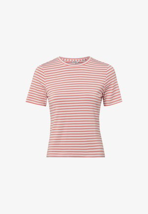 Damen-T-Shirt mit kurzen Ärmeln und Rundhalsausschnitt, schmal geschnitten, mit schmalen horizontalen Korallen- und weißen Streifen.