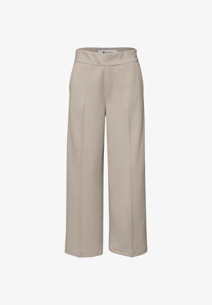 Beiget, leveälahkeiset housut, joissa on korkea vyötärö ja siistit saumat, ilman näkyviä taskuja tai sulkimia, valkoisella taustalla esitettynä.