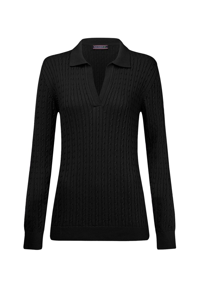 Pull en tricot noir avec un col et des manches longues ; présente un motif en torsades et un bord à côtes aux hémis et aux poignets.