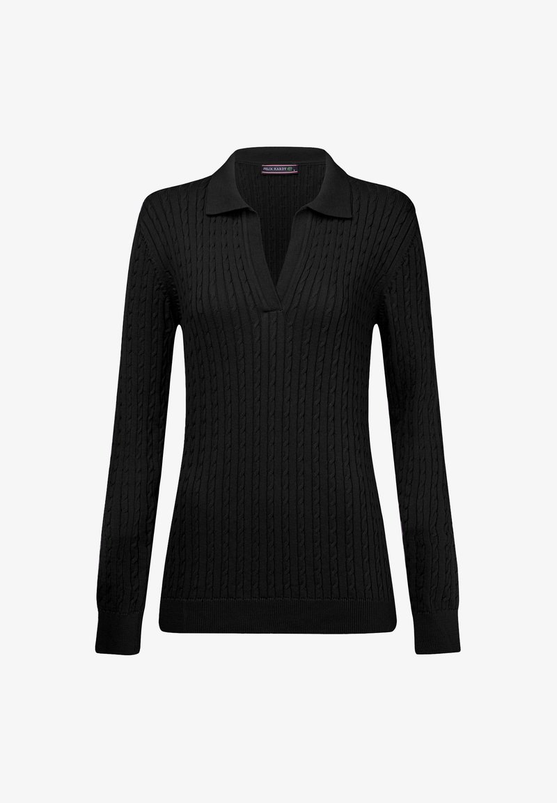 Schwarzer Strickpullover mit Kragen und langen Ärmeln; verfügt über ein Zopfmuster und gerippte Säume und Bündchen.