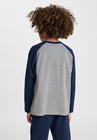 Graues Langarmshirt mit navyblauen Raglanärmeln und Rundhalsausschnitt. Das Material wirkt weich und leicht strukturiert.