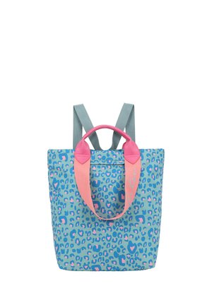 Blauer Rucksack mit pink-blauem Leopardenmuster, mit breiten pinken Griffen und grauen Schultergurten.