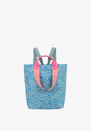 Blauer Rucksack mit pink-blauem Leopardenmuster, mit breiten pinken Griffen und grauen Schultergurten.
