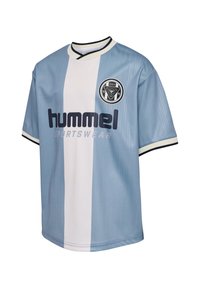 Lichtblauwe en witte sporttrui met korte mouwen, ronde hals, met verticale strepen en een rond logo op de linkerborst.