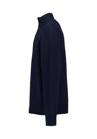 Maglione pullover blu navy con colletto alto, maniche lunghe, polsini a costine e una texture liscia. Design semplice, senza motivi o dettagli visibili.