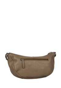 Borsa a spalla in pelle marrone chiaro con una forma morbida, dotata di una tasca frontale con zip e dettagli in hardware argentato. Superficie testurizzata con grana visibile.