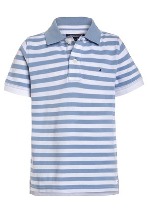 Short-sleeve polo shirt with horizontal blue and white stripes, light blue collar, two buttons, and a small logo on the chest.