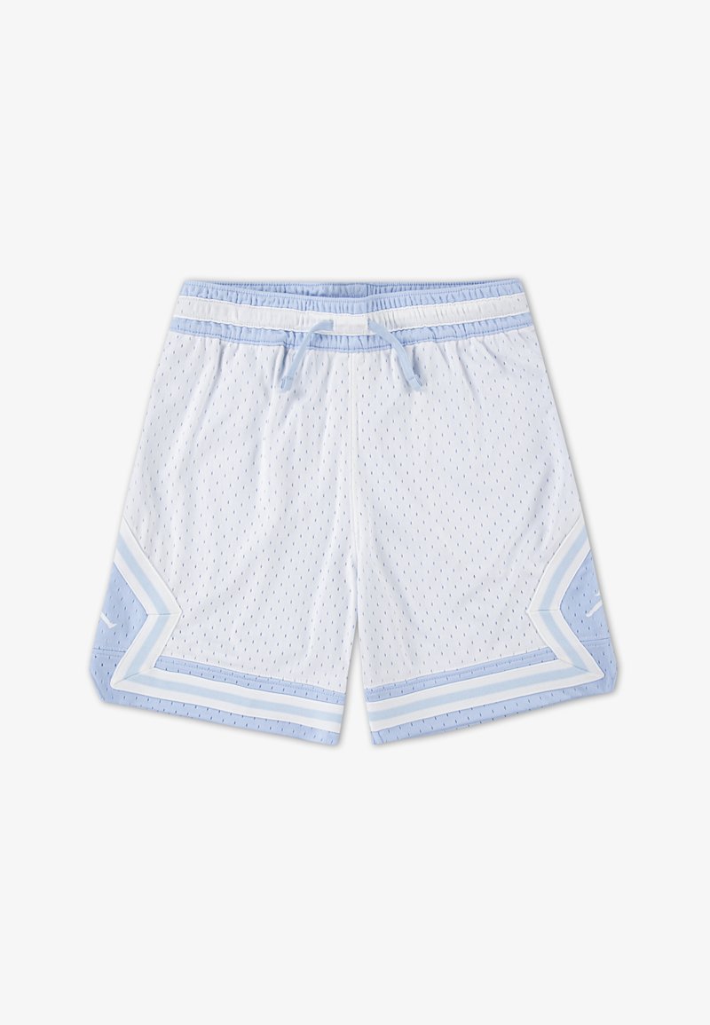 Calções de malha azul-claro com detalhes brancos, um cós com cordão e um design de chevron. Tecido texturizado com orifícios de ventilação por toda a parte.