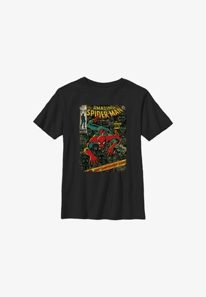 Maglietta nera con copertina vintage di un fumetto di Spider-Man che si arrampica in avanti circondato da volti e testo che celebra il numero del centenario.