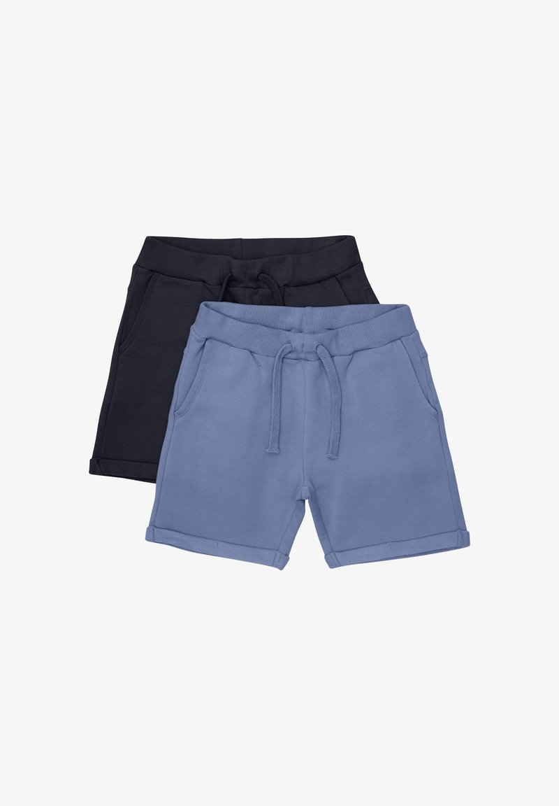 Zwei Paare von Sportshorts: eine in marineblau und eine in hellblau. Hergestellt aus weichem Material, mit elastischem Bund und Seitentaschen.