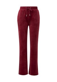 Bordeaux velours loungebroek met elastische tailleband, verstelbaar trekkoord, rechte pijpen en subtiele geborduurde logo aan de zijkant.