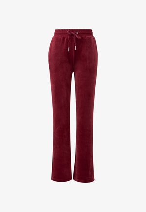 Bordeaux velours loungebroek met elastische tailleband, verstelbaar trekkoord, rechte pijpen en subtiele geborduurde logo aan de zijkant.