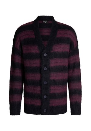 Buttoned cardigan with black and dark purple fuzzy horizontal stripes, featuring a deep V-neck and long sleeves.