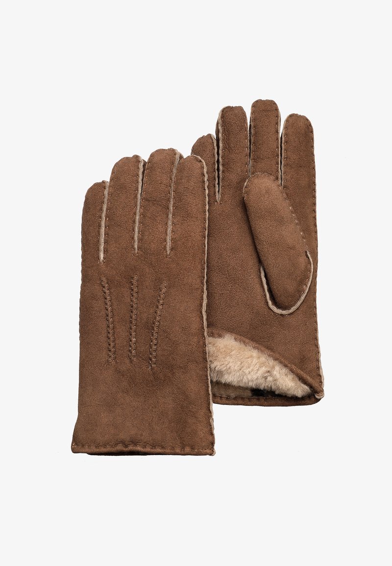 Hnědé semišové rukavice s měkkou vnitřní podšívkou, se pěti prsty, šitými detaily a hladkým povrchem.