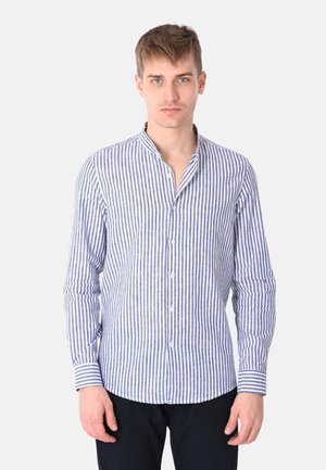 Camicia a righe blu e bianca, con collo a fascia e maniche lunghe con polsini abbottonati, realizzata in un tessuto leggero.