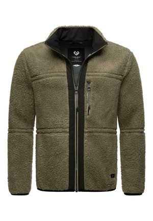 Olive green fleece jacket featuring a soft, textured exterior, black front zip, and two chest pockets with zip closures.