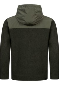 Hooded jacket featuring a dark green wool-like texture with a contrasting olive green upper section. Relaxed fit with long sleeves and a straight hem.