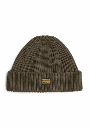 Bonnet tricoté marron avec revers et écusson logo G-Star Originals Raw Denim jaune et noir au centre avant.