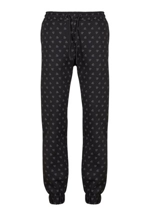 Sorte sweatpants lavet af blødt stof, med et helårs gråt logo-mønster, elastisk talje og manchetter ved anklerne for en god pasform.