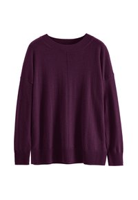 Lila übergroßer Pullover mit Rundhalsausschnitt, fallenden Schultern und gerippten Bündchen und Saum. Hergestellt aus einem weichen, strukturierten Strickmaterial.