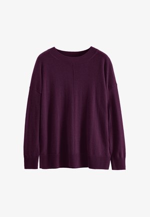 Pull en maille oversized violet avec un col rond, des épaules tombantes et des poignets et ourlet côtelés. Fabriqué en matériau tricoté doux et texturé.