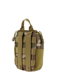 Camo-patterned tactical pouch in green and brown fabric. Features sturdy handles, MOLLE webbing, and a secure closure at the top.