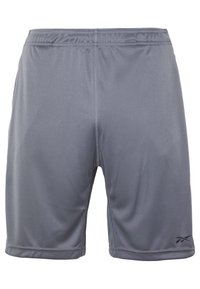 Grå sportshorts av slät tyg med elastiskt midjeband, med en subtil logotypdetalj och inga synliga fickor.