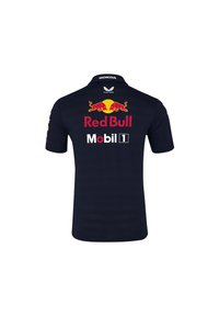 Granatowa koszulka polo z krótkim rękawem i kołnierzykiem, z logo Red Bull i Mobil 1 na plecach oraz fakturowanym wzorem tkaniny.