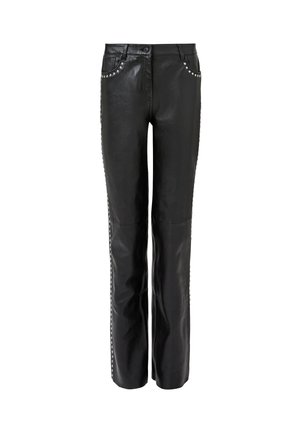 Black leather pants with a straight leg design, featuring studded accents along the pockets and side seams. Smooth texture and fitted waist.