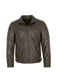 Brown leather jacket with a zip front, standing collar, two zippered chest pockets, and ribbed cuffs, featuring a smooth texture.