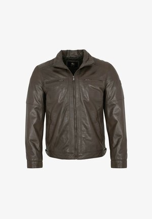 Brown leather jacket with a zip front, standing collar, two zippered chest pockets, and ribbed cuffs, featuring a smooth texture.