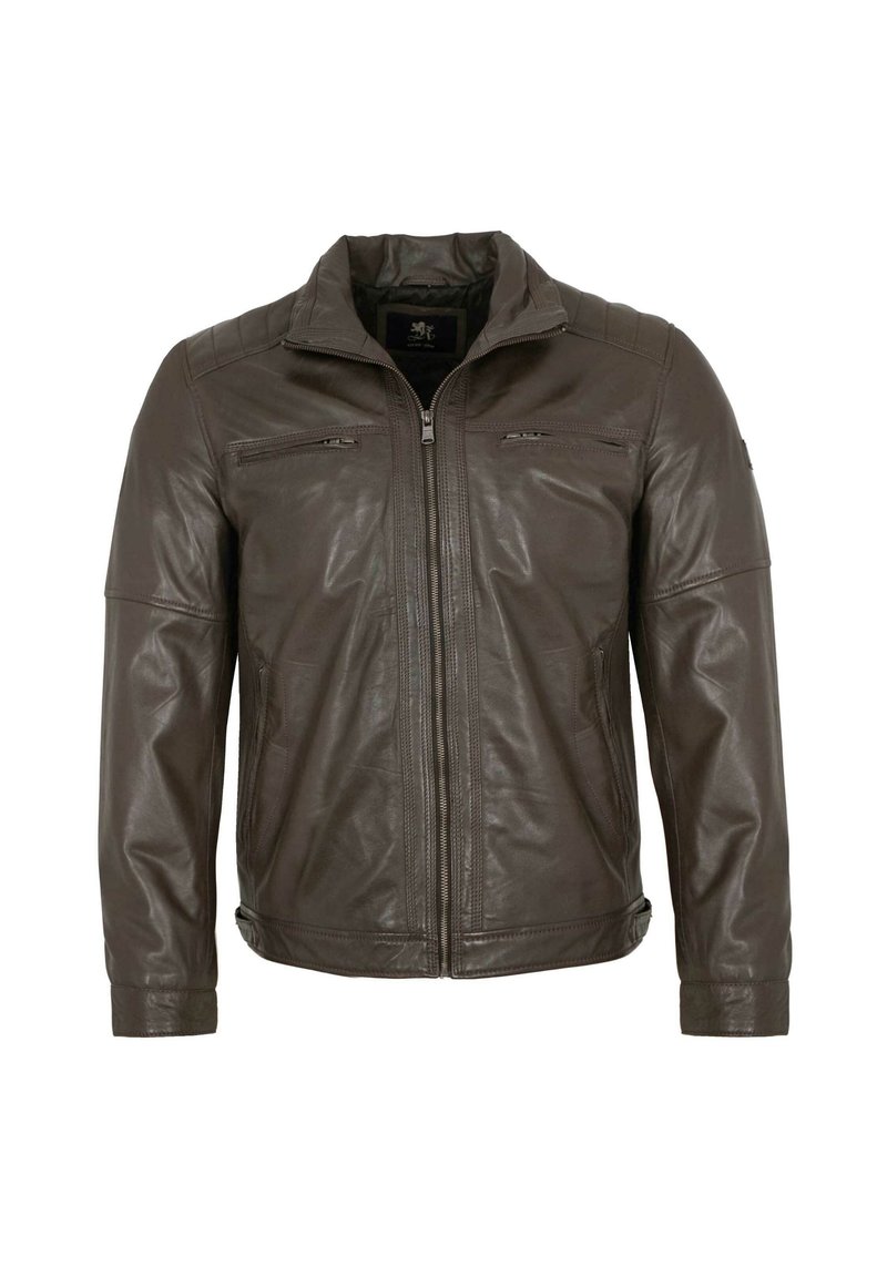 Brown leather jacket with a zip front, standing collar, two zippered chest pockets, and ribbed cuffs, featuring a smooth texture.