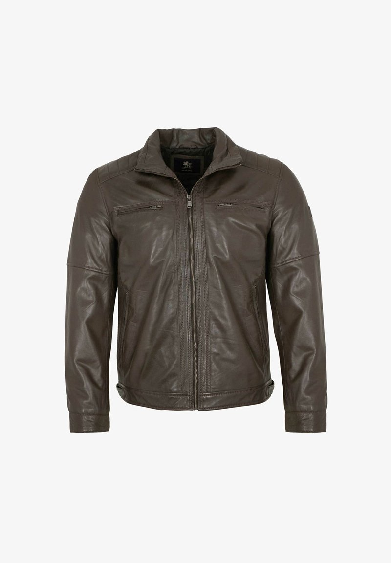 Brown leather jacket with a zip front, standing collar, two zippered chest pockets, and ribbed cuffs, featuring a smooth texture.