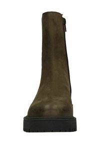 Bruine leren enkelboot met een gladde afwerking, een zijrits en een dikke zwarte rubberen zool. Voorzien van een ronde neus en een minimalistisch ontwerp.