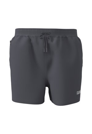 Donkergrijze zwembroek met elastische tailleband, trekkoord, zijvak met ritssluiting en klein wit Calvin Klein-logo op het been.
