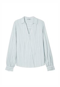 Blusa azzurra a maniche lunghe con righe bianche verticali, scollatura a V e vestibilità rilassata. Le maniche sono leggermente arricciate ai polsini.