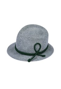 Gray felt hat with a rounded crown and wide brim, featuring a dark green braided rope band accentuated by a bow detail.
