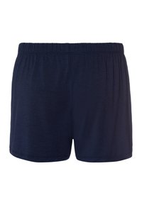 Shorts in cotone blu navy con cintura elastica; texture morbida e vestibilità comoda; orlo alle gambe senza tasche visibili o dettagli.