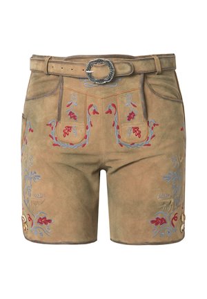 Bruine traditionele suède korte broek met geborduurde rode en grijze bloemmotieven, decoratieve knopen aan de zijkanten en een bijpassende riem met sierlijke gesp.