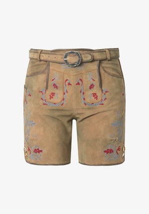 Bruine traditionele suède korte broek met geborduurde rode en grijze bloemmotieven, decoratieve knopen aan de zijkanten en een bijpassende riem met sierlijke gesp.