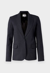 Dunkelgrauer Blazer mit einem einknopfverschluss, zwei vorderen Taschen, Spitzrevers und schwarzer Innenauskleidung. Hergestellt aus strukturiertem Stoff.