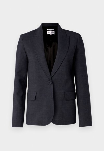 Dunkelgrauer Blazer mit einem einknopfverschluss, zwei vorderen Taschen, Spitzrevers und schwarzer Innenauskleidung. Hergestellt aus strukturiertem Stoff.