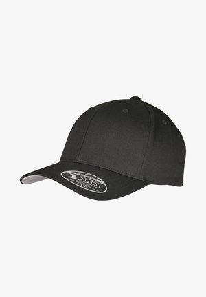 Black baseball cap made of textured fabric, featuring a curved bill, rounded crown, and a brand tag on the front.