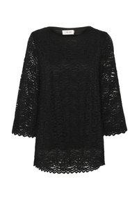 Black lace top with three-quarter sleeves, round neckline, scalloped edges, and a textured floral pattern throughout.